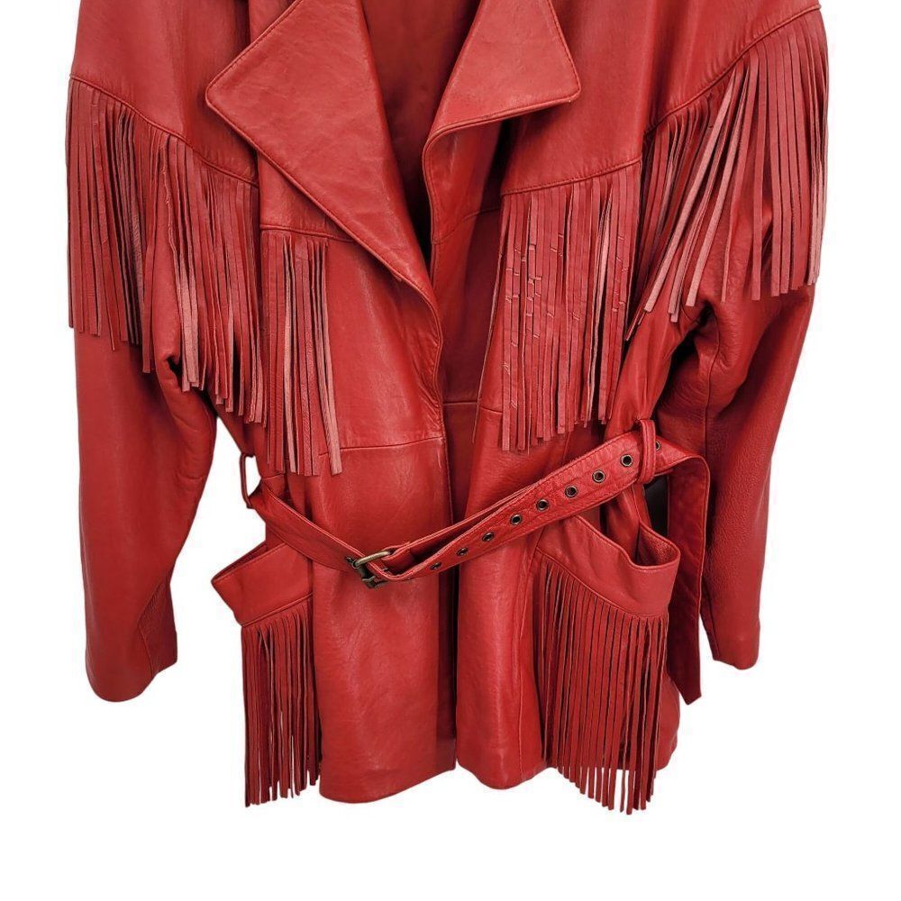 Vintage Leather Fringed Jacket Coat L Red Oversized Belted Rodeo Cowgirl Boho - Picture 5 of 16